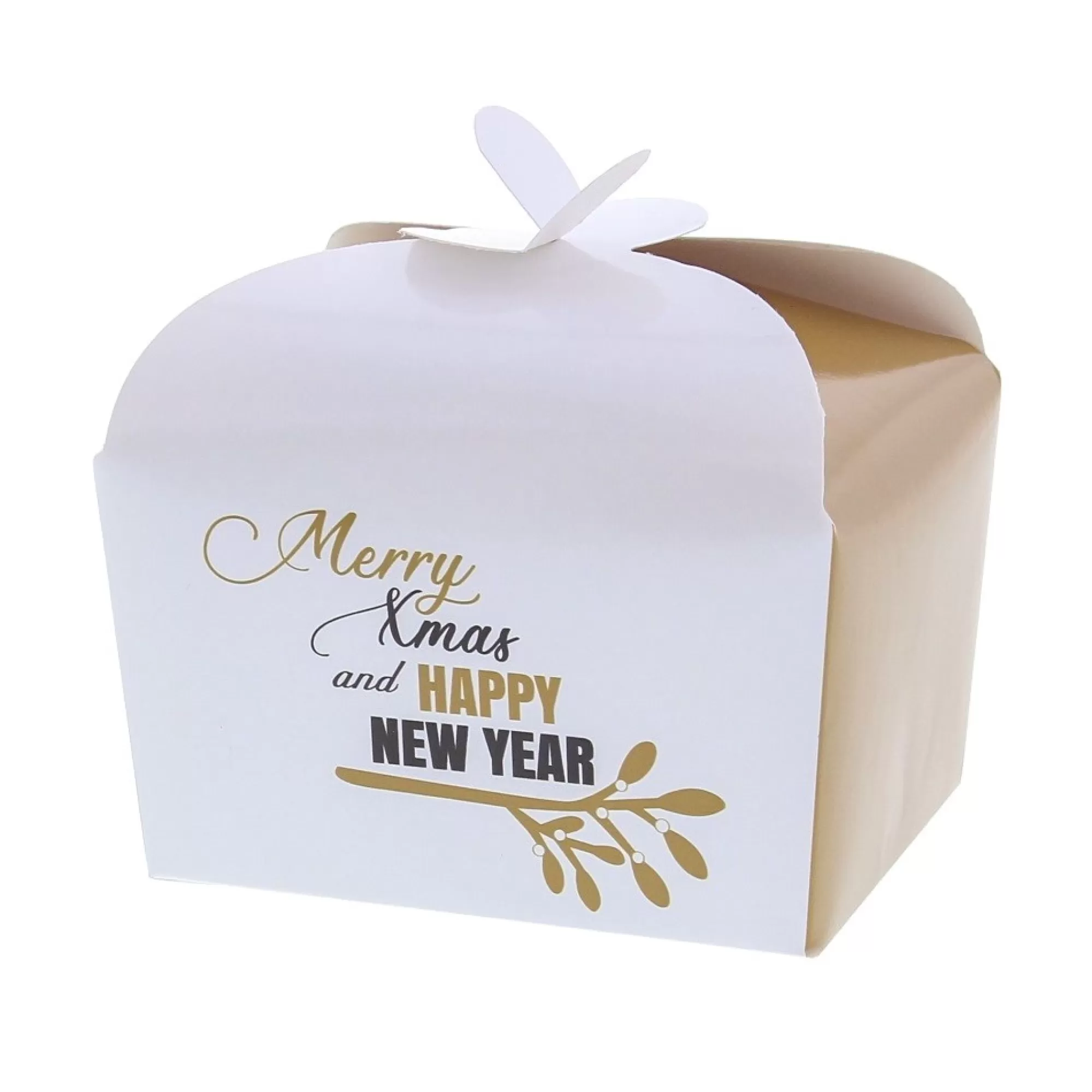 Hot Doos Met Vlindersluiting 250G 8,5X10,5X8,5Cm Wit Mistletoe "Merry Xmas & Happy New Year" Kerstdessert Bakken