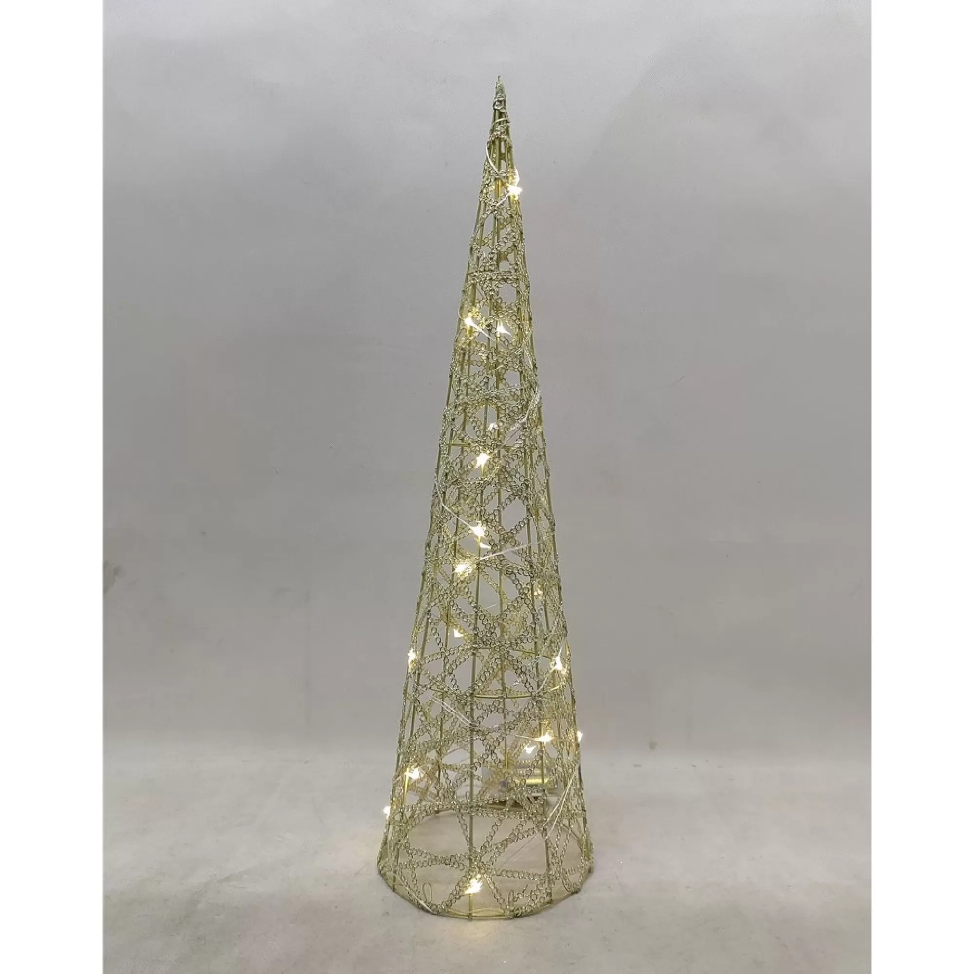Clearance Kegel + 20 Leds Warmwit H 60Cm Goud Met Gouden Glitterlint Kleine Kerstbomen