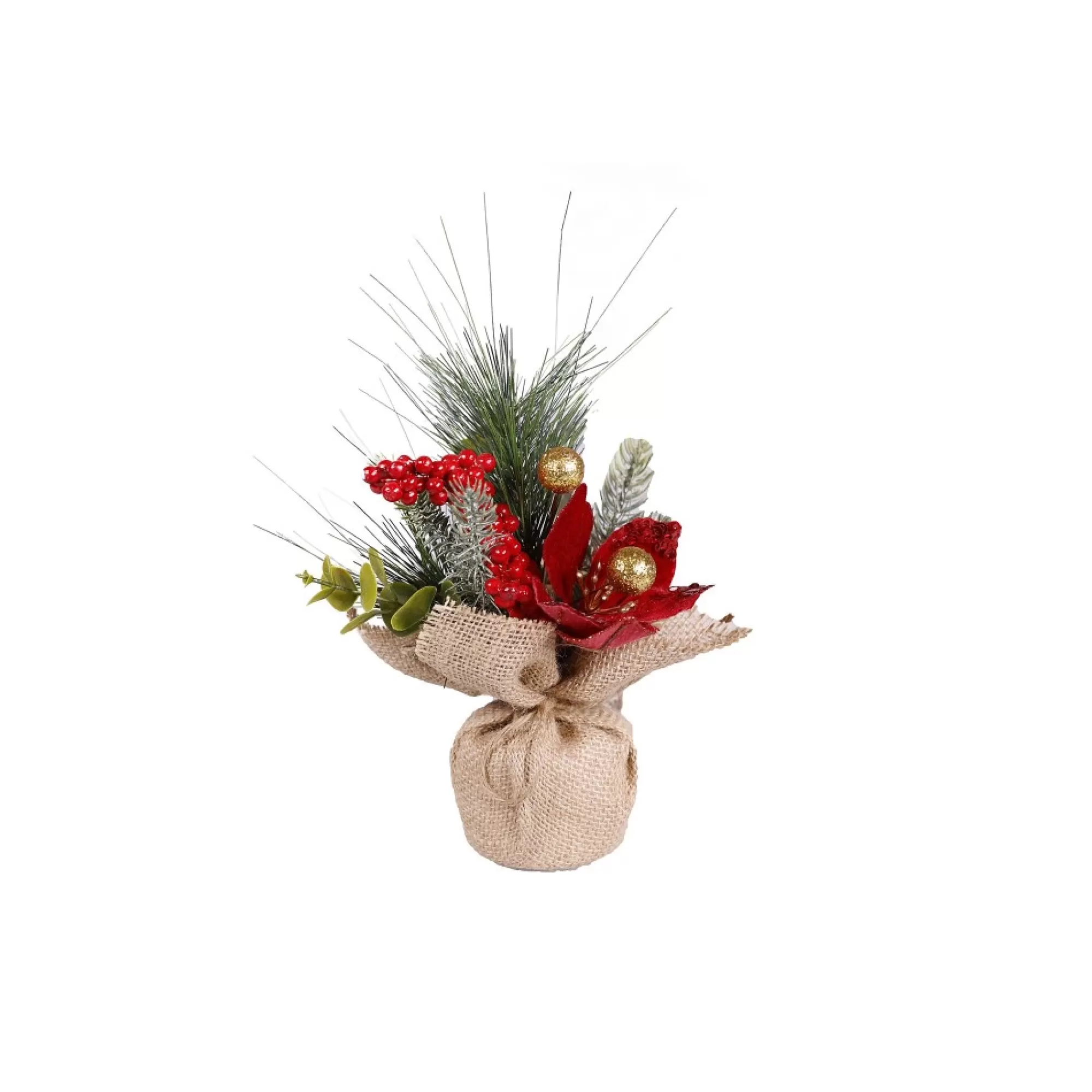 New Kerstboom Dennengroen In Jute Zak Met Rode Bloem En Bes H 22Cm Kleine Kerstbomen