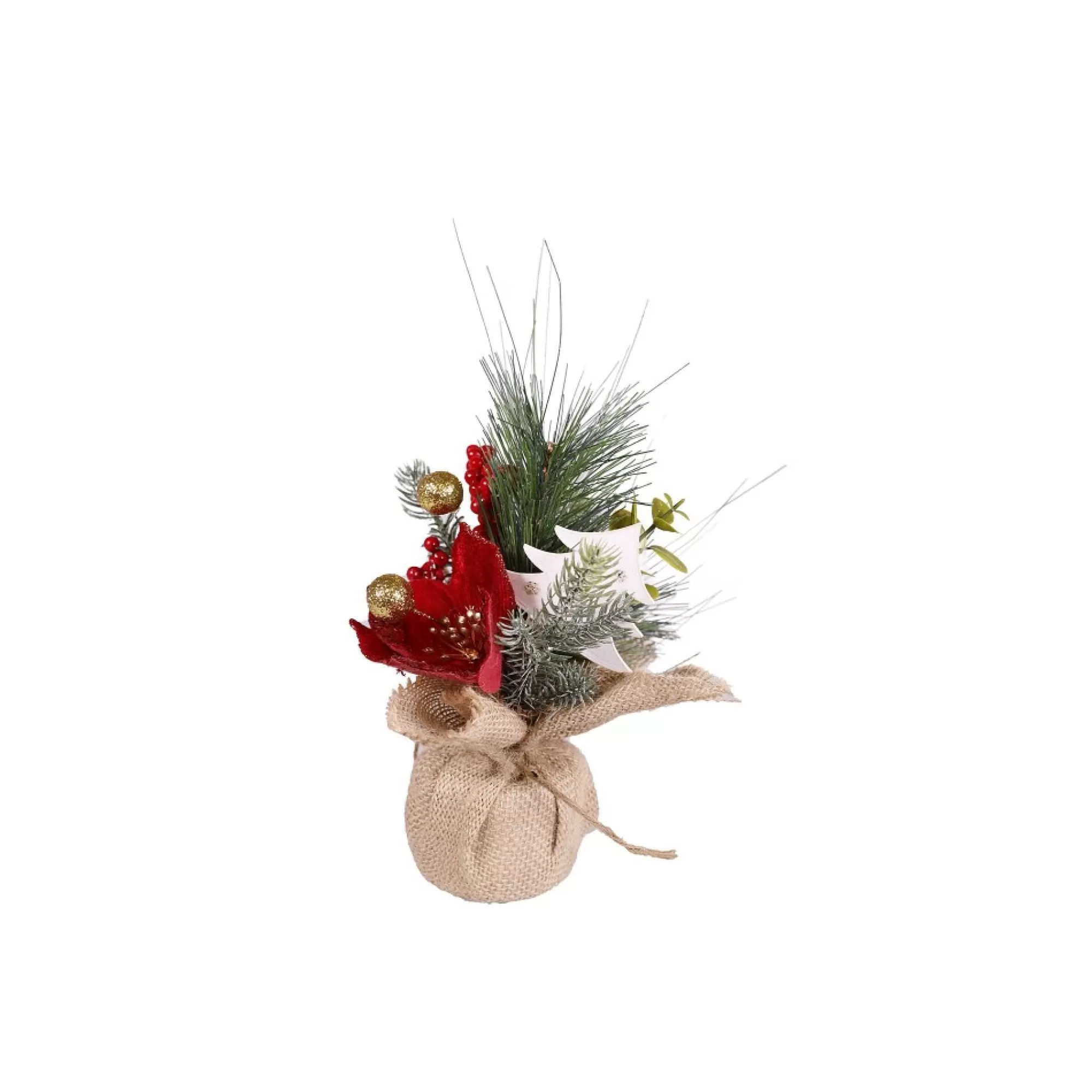 New Kerstboom Dennengroen In Jute Zak Met Rode Bloem En Bes H 22Cm Kleine Kerstbomen