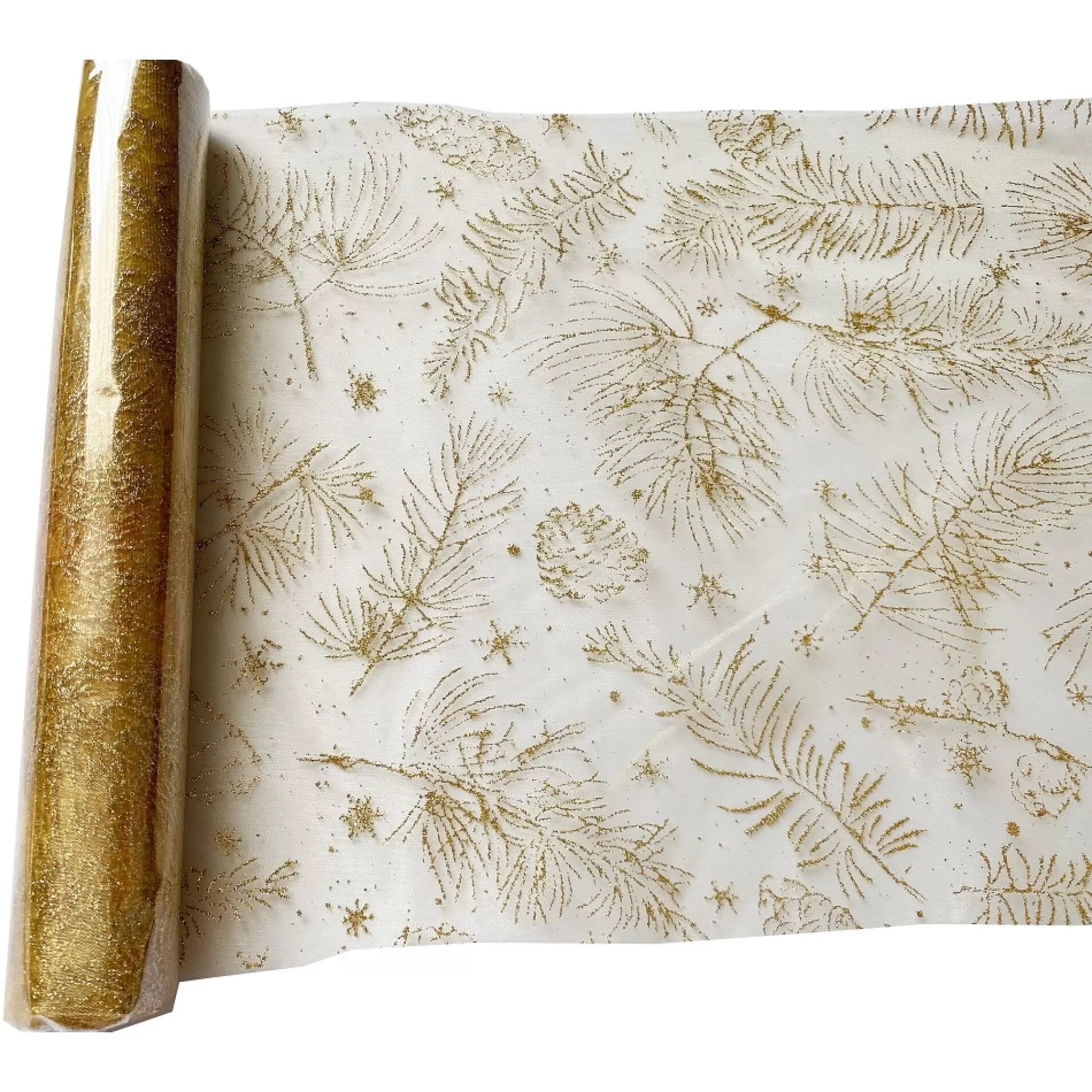 Best Sale Tafelloper Goud Organza 28Cm X 5M Dennenappels Glitter Goud Tafellopers